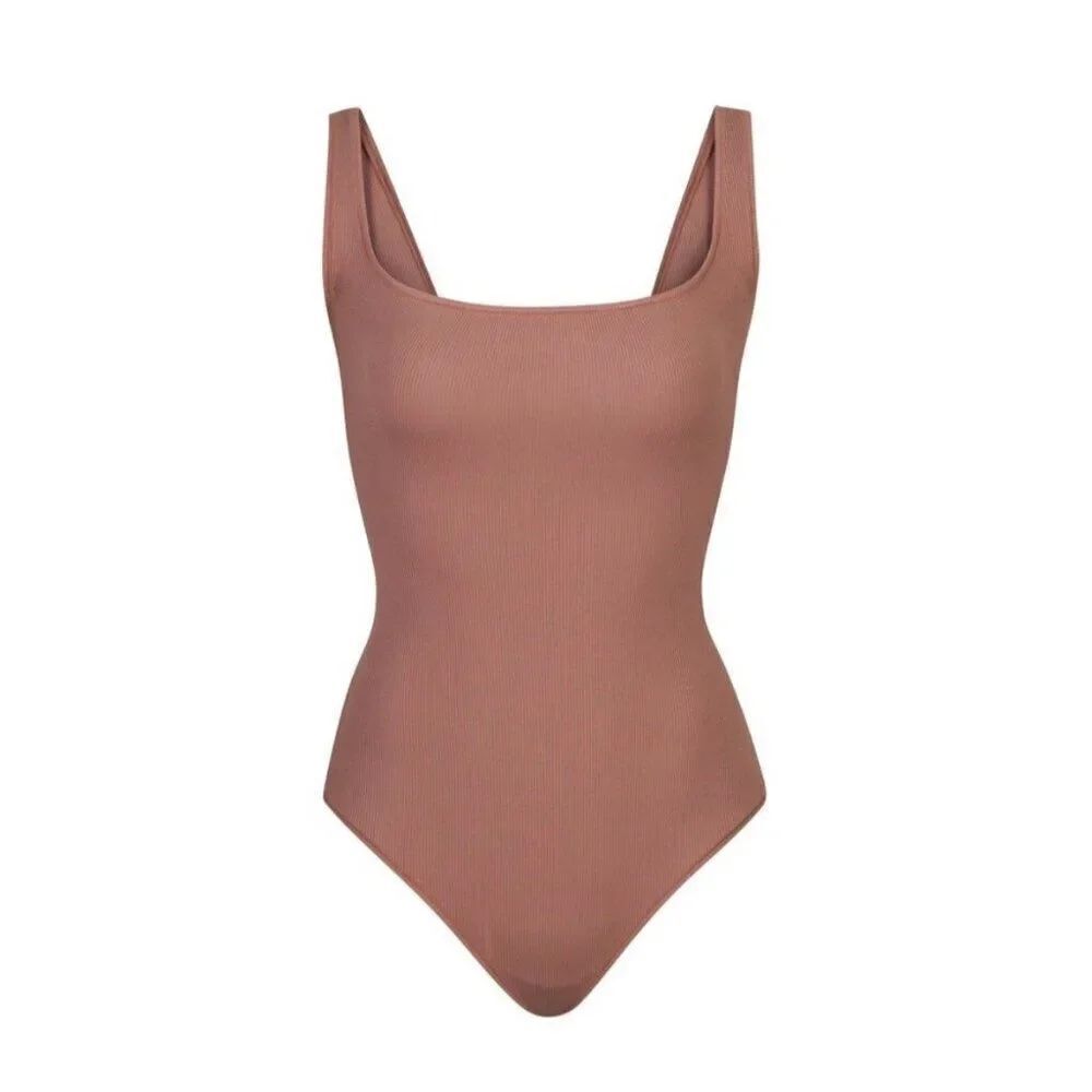 skims New rose clay Tan Pink ribbed bodysuit Cotton Elastane Xs